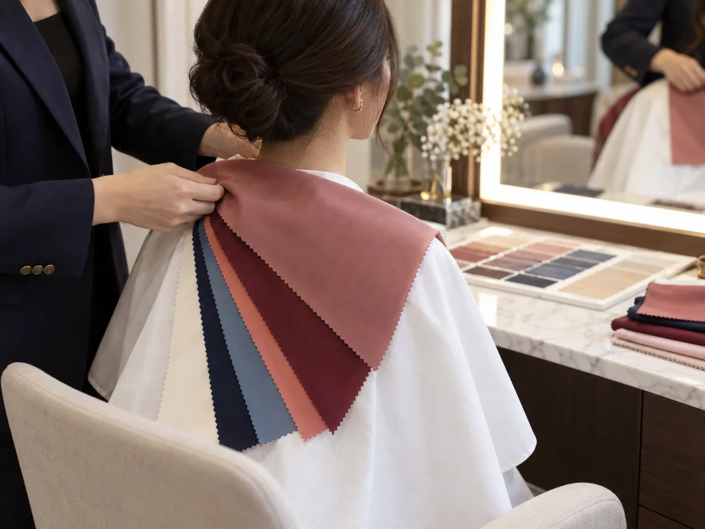 A seated client draped in fanned lengths of burgundy, rose, blush and navy fabric beside the studio mirror