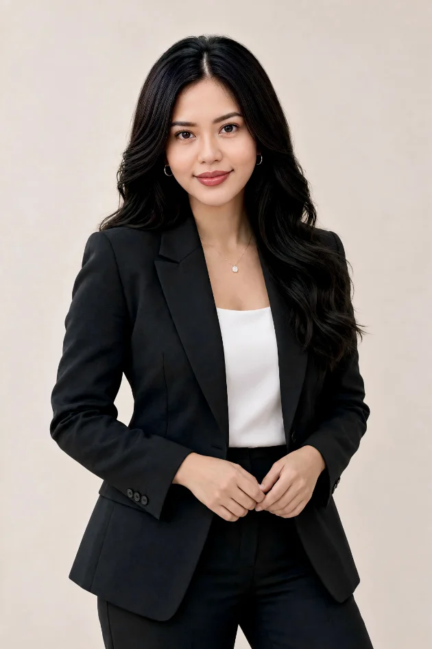 Kring Mallari standing in a black suit and white top against a pale studio wall, hands lightly clasped
