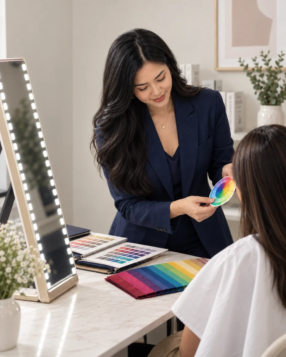 Kring Mallari draping a length of coloured fabric beside a seated client in front of a lit studio mirror