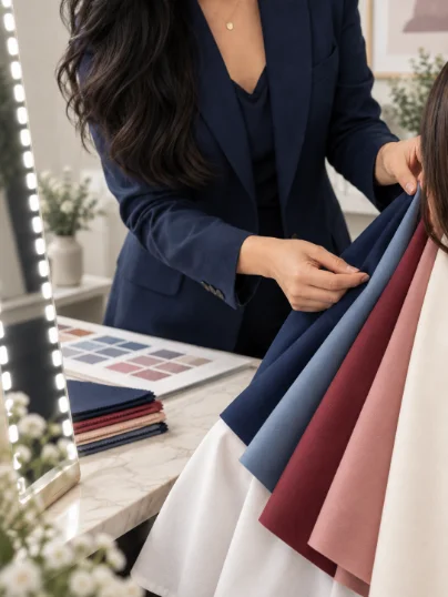 A length of draping fabric held beneath a client’s chin during colour comparison