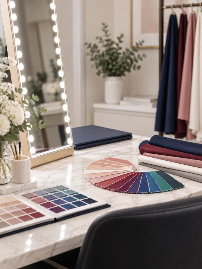 A corner of the studio — fanned colour swatches resting on a table beside a mirror