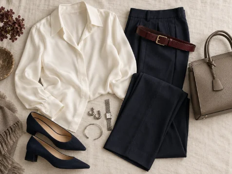 A coordinated outfit laid flat — jacket, blouse and trousers arranged together on a pale surface