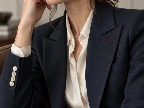 Close detail of a tailored collar and buttoned cuff in natural light