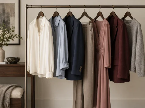 A wardrobe rail of hanging garments arranged by tone