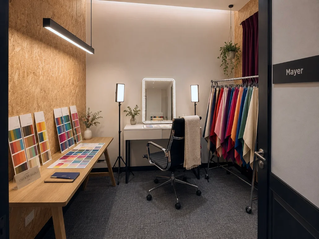 A color analysis studio room with fanned colour swatches laid on a wooden table, a lit vanity mirror flanked by two softbox lights, and a rolling rack of draping fabric in a spectrum of colours