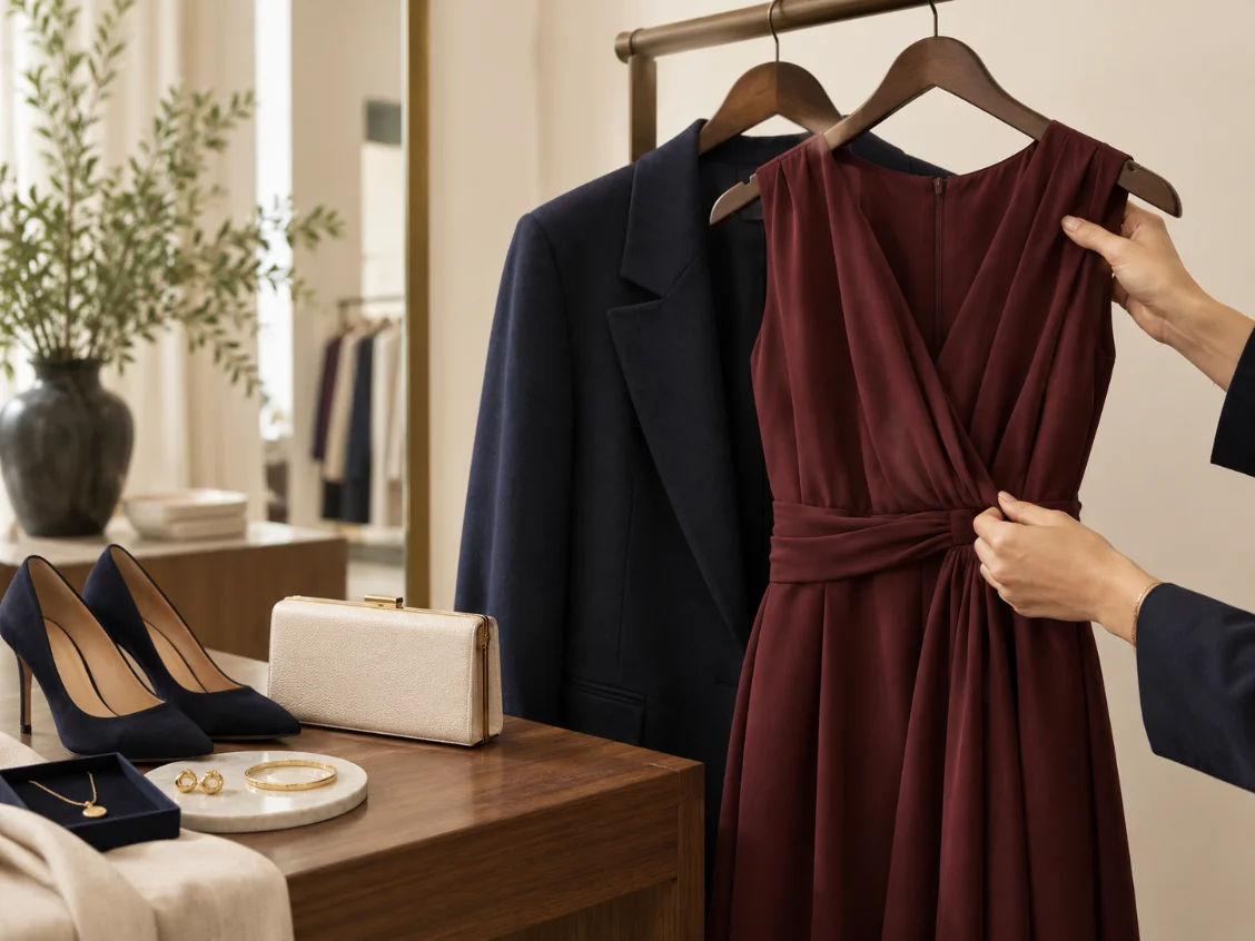 A burgundy wrap dress and navy blazer hanging ready, with navy heels, a cream clutch and jewellery arranged below