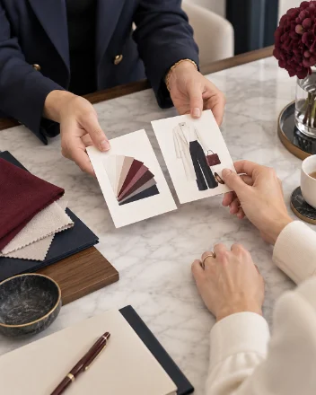 A client and stylist at a marble table, the stylist setting out swatch cards for the session options