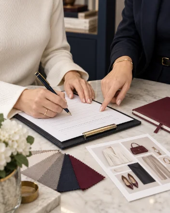 A client filling in the discovery questionnaire on a clipboard while the stylist points to a line, fabric swatches beside it