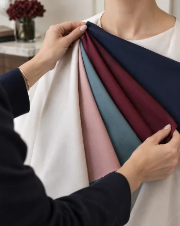 Draping in progress — navy, burgundy, teal and blush fabrics layered over a client’s shoulder