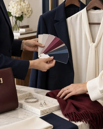 A stylist fanning colour swatches beside a client’s cream blouse and navy jacket on a rail, a burgundy scarf on the table