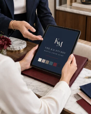 The KM Studio colour guide open on a tablet, showing a row of seasonal swatches