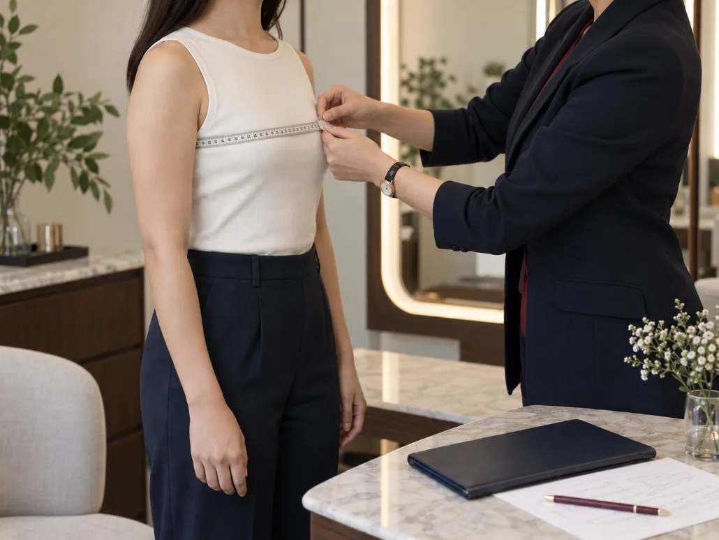 A stylist measuring a client’s shoulder line with a tape in the studio, a notebook open on the table